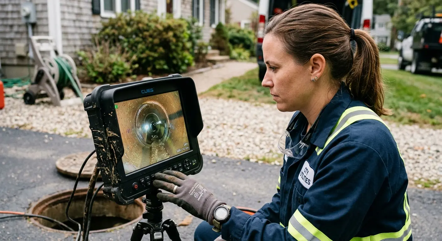 Technician reviewing sewer camera inspection footage in Hartsville-Trousdale County