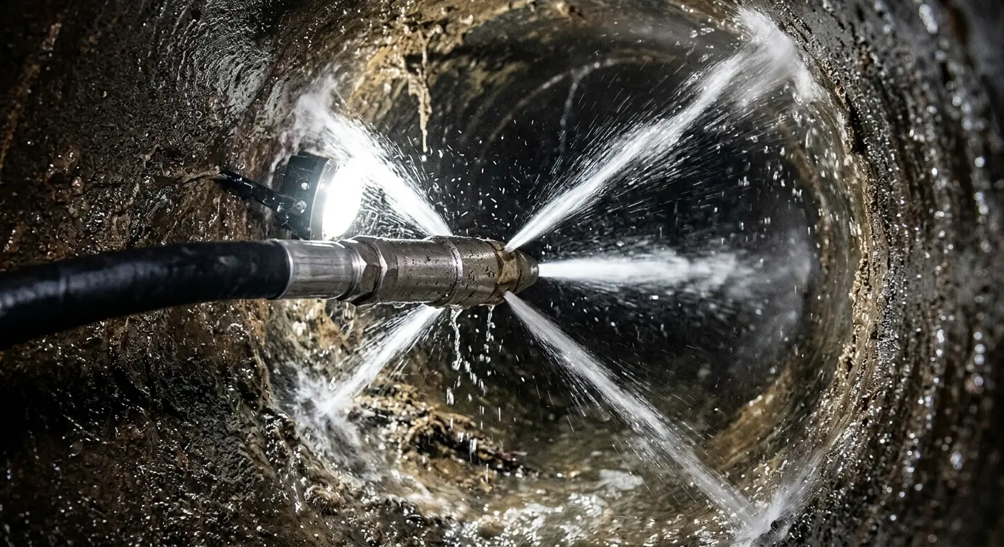 High-pressure hydro jetting nozzle cleaning sewer pipe for Emergency Drain Service in Hartsville-Trousdale County