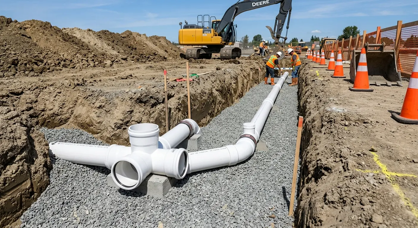New PVC sewer pipe installation in open trench for Commercial Drain Cleaning in Hartsville-Trousdale County