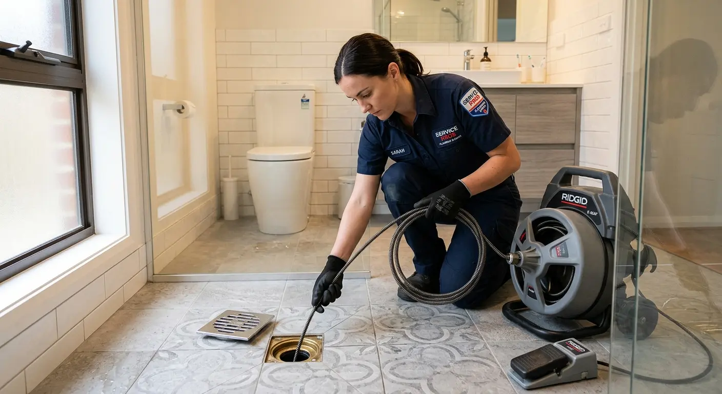 Technician clearing a bathroom floor drain for Clogged Drain Repair in Hartsville-Trousdale County